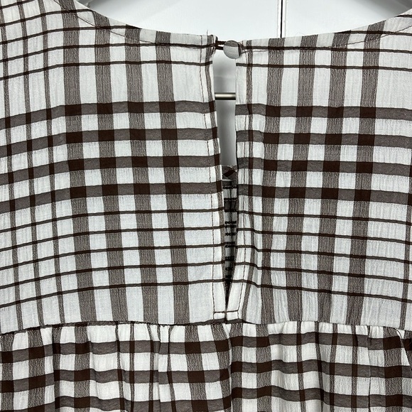 Womens Brown & White Plaid Dress Pullover Smocking Lined Tier Ruffles No Tags - Picture 10 of 14